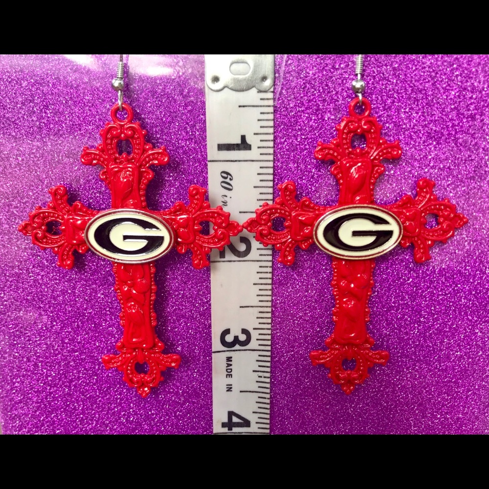 Flowered Cross Red Georgia Bulldogs Earrings